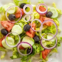 House Salad · Crisp mix of iceberg and romaine lettuce, onions, tomatoes, cucumbers and sliced black olives.