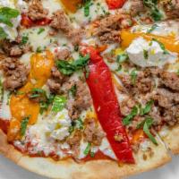 Sweet Fennel Sausage & Roasted Peppers Pizza · burrata mozzarella