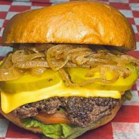 All American Cheese Burger Double · 100% Fresh angus beef, American cheese, lettuce, tomatoes, pickles, sautéed onion and homema...