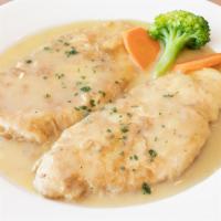 Chicken Francese · Egg battered, sautéed in white wine with lemon and butter.