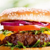 American Cheeseburger · Angus beef patty, brioche burger bun, 2 slices of American cheese, lettuce, tomato, onion an...
