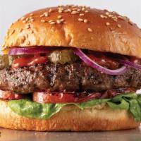 Westchester Burger · 8 oz. beef patty, American cheese, lettuce, tomato, pickle, caramelized onions, pickle jalap...