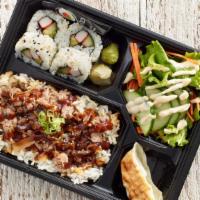Bento Boxes · 4 pieces of California rolls, steamed rice, gyoza pork dumpling and mixed salad (330 cals), ...
