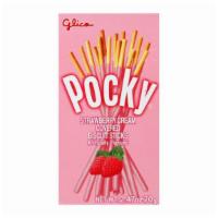 Strawberry Pocky · 150 calories. Strawberry cream covered biscuit sticks.