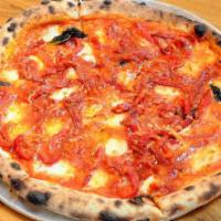 Rustic Pizza · Tomato, mozzarella, spicy soppressata, roasted peppers
