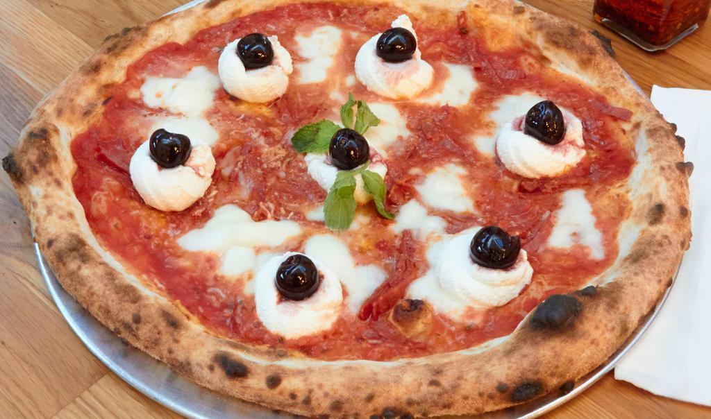 Surrpressata Pizza · Tomato, hot soppressata, ricotta, mozzarella, cherries, mint