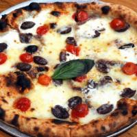Burrata Pizza · Cherry tomatoes, olives, anchovies, burrata