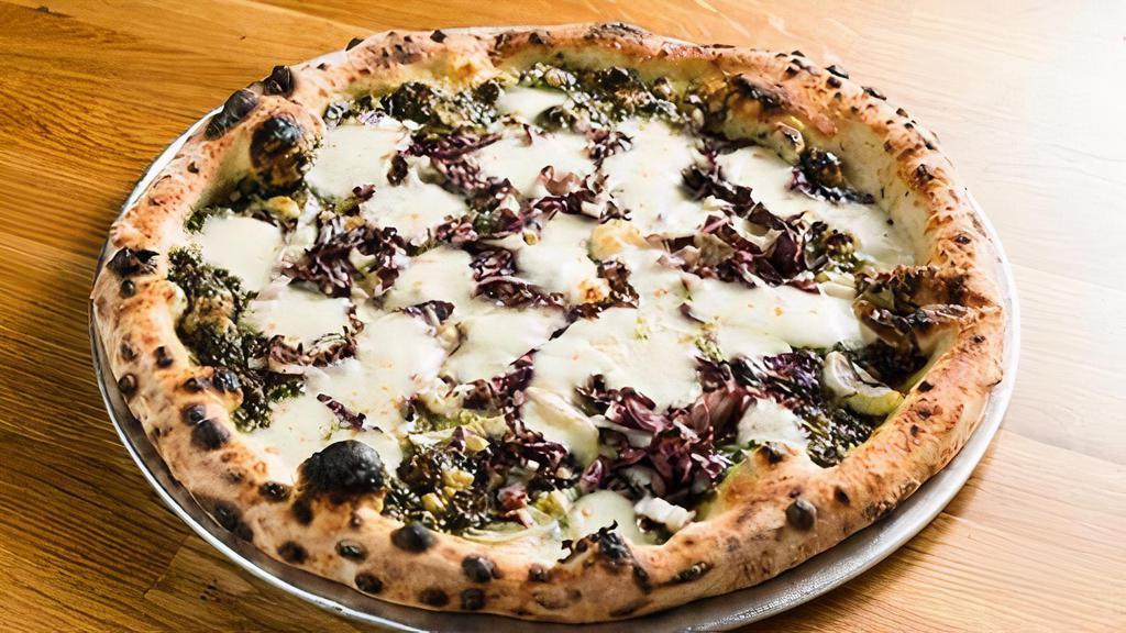Something Green Pizza · Pesto, radicchio, gorgonzola, mozzarella