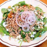Farro Salad · Spelt, raisin, onions, spinach, goat cheese, toasted pistachios