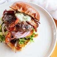 Bacon Cheddar Burger · Lettuce, tomato, caramelized onions, bacon, Cheddar.