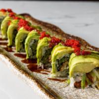 Dragon Roll · Eel. Cucumber inside, topped with avocado eel sauce.