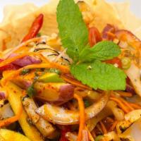 Grilled Squid Salad · Mixed green, green apple, carrots,tomatoes, mushrooms, red onions, scallions, in roasted chi...