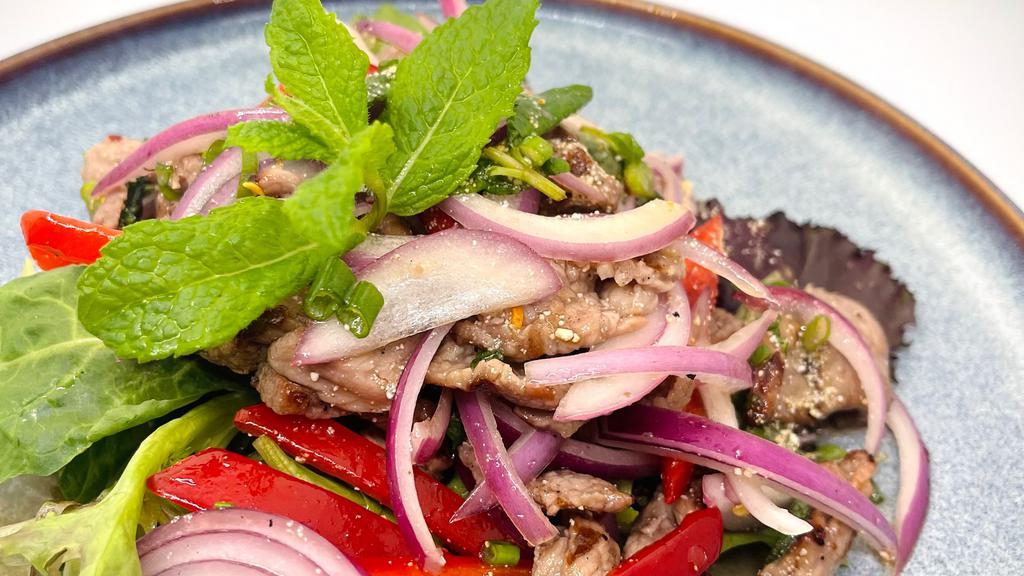 Nuer Num Tok(Beef Salad) · Sliced grilled steak with chilli, red onion, mint, ground roasted rice in chilli lime dressing.