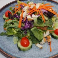 Thai Salad(Gf) · Mixed greens with tomatoes, cucumber, onions, tofu top with peanut dressing.