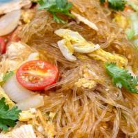 Glass Noodle · Bean thread noodles stir-fried with egg, onions, scallions, tomatoes, carrots, napa in light...