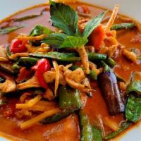 Red Curry (Spicy) · Spicy red curry paste, coconut milk, eggplant, bell peppers, bamboo shoot, string beans and ...