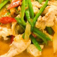 Panang Curry(Spicy) · Spicy panang curry paste, kaffir lime leaves, red bell pepper, string bean.