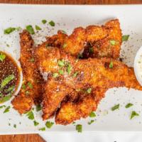 Chicken Strips · Buttermilk soaked & panko encrusted
bbq & ranch dips