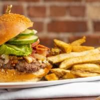 Branded Burger · Bacon, Blue Cheese Crumbles, Bourbon Sauce, Roasted Red Onions, Lettuce, Tomato, Pickles