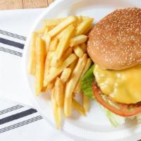 Cheeseburger Deluxe · Most popular. Burger topped with melted cheese, lettuce, tomatoes, and side of French fries.