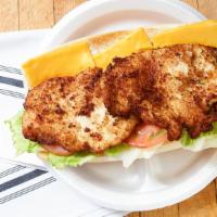Fresh Chicken Cutlet Hero · Most popular. Fresh chicken cutlet, American cheese, lettuce, and tomatoes on a toasted hero.