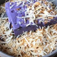 Ube Flan · Ube (purple yam), caramel, toasted coconut, flakey sea salt.