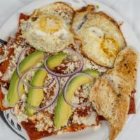 Chilaquiles · comes,  tortilla ,2 eggs ,with chicken breast.