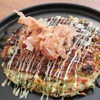 Classic-O · Japanese vegetable pancake with, pork belly, bonito flakes with Okonomiyaki sauce with Japan...