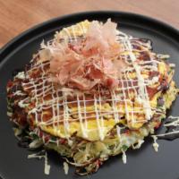 Vegetable-M · Osaka Style Okonomiyaki with stir fried yakisoba noodle, fried  egg, bonito flakes with Okon...