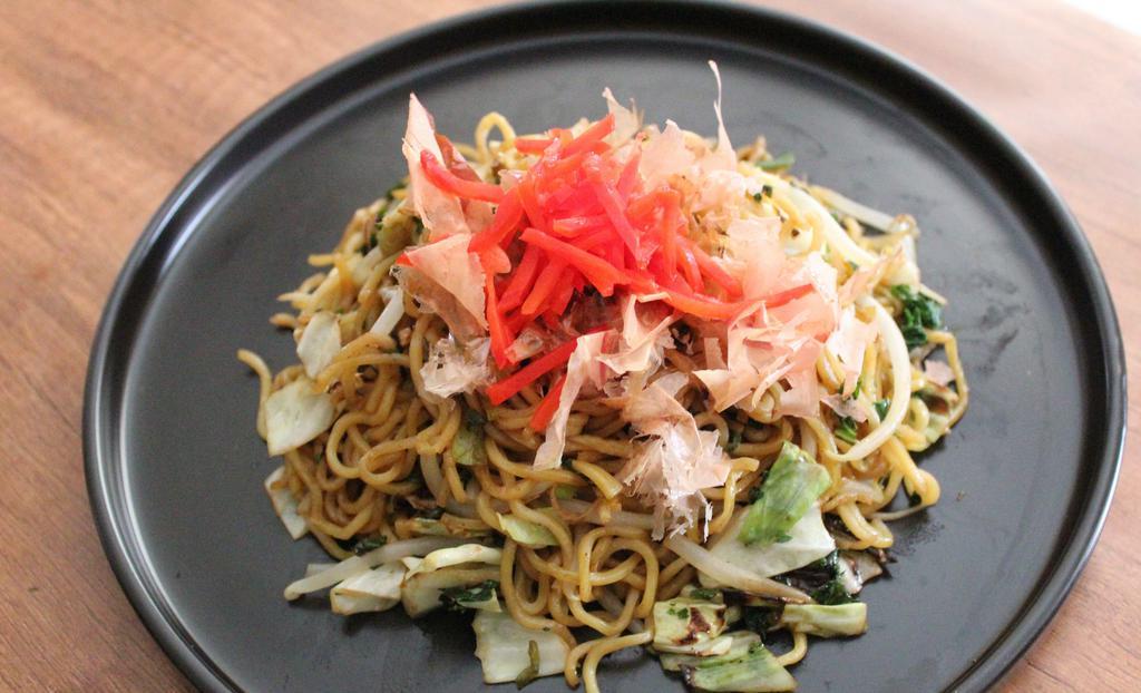 Vegetable Yakisoba · Japanese stir fry noodles with vegetable with bonito flakes and pickled ginger.