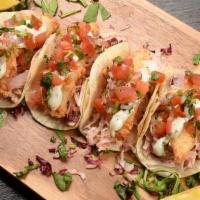 Fish Tacos · 3 Fish Street Tacos made from Battered white fish, topped with Jicama coleslaw and pico de g...