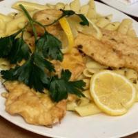 Chicken Francese With Spaghetti · Served with salad and bread.