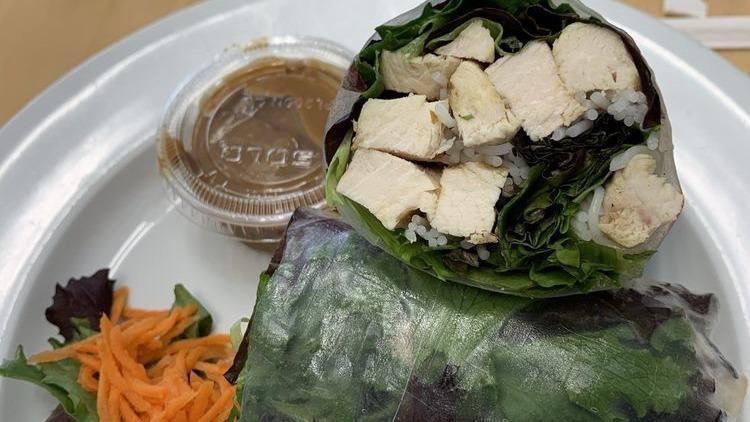 Chicken Roll · Grilled chicken breast, rice noodle and mixed greens. Rolled in rice paper and served with peanut sauce.