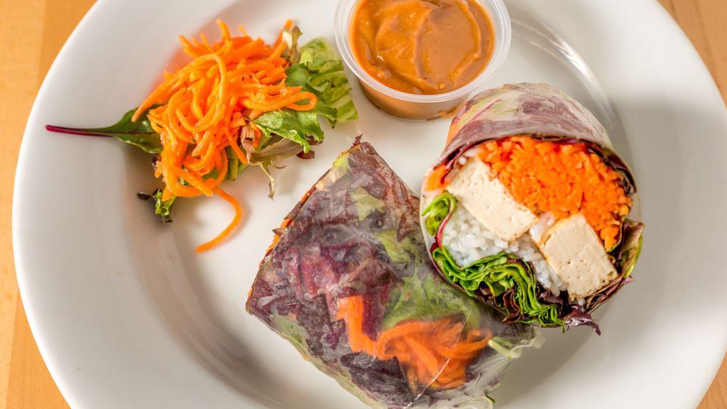 Tofu Roll · Grilled tofu, carrots, rice noodles and mixed greens. Rolled in rice paper and served with peanut sauce.