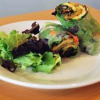 Vegetarian Roll · Julienne carrots, eggplant, zucchini, avocado and mixed greens. Rolled in rice paper and ser...