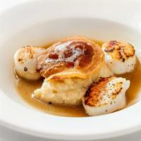 Seared Scallops “Agrodolce” · With parsnip puree and crisp pancetta.