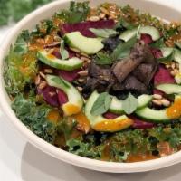 Hello Portobello · Kale, brown and wild rice, raw beets, cucumber, basil, mushrooms, spicy sunflower seeds and ...