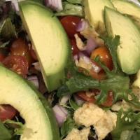 Fiesta Bowl · Mesclun, avocado, red onion, tomatoes, chicken, tortilla chips, lime squeeze and a lime cila...