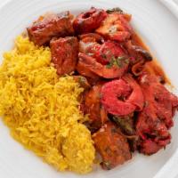 Tandoori Assorted Appetizers · Seekh kabob, shrimp tandoori, chicken tikka.