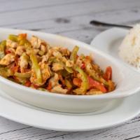 35- Chicken Sauté (Tavak Sote) · Tender chunks of chicken sautéed with onions, peppers, tomatoes in a creamy tomato sauce; se...