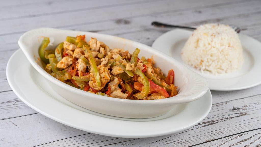 35- Chicken Sauté (Tavak Sote) · Tender chunks of chicken sautéed with onions, peppers, tomatoes in a creamy tomato sauce; served with rice.