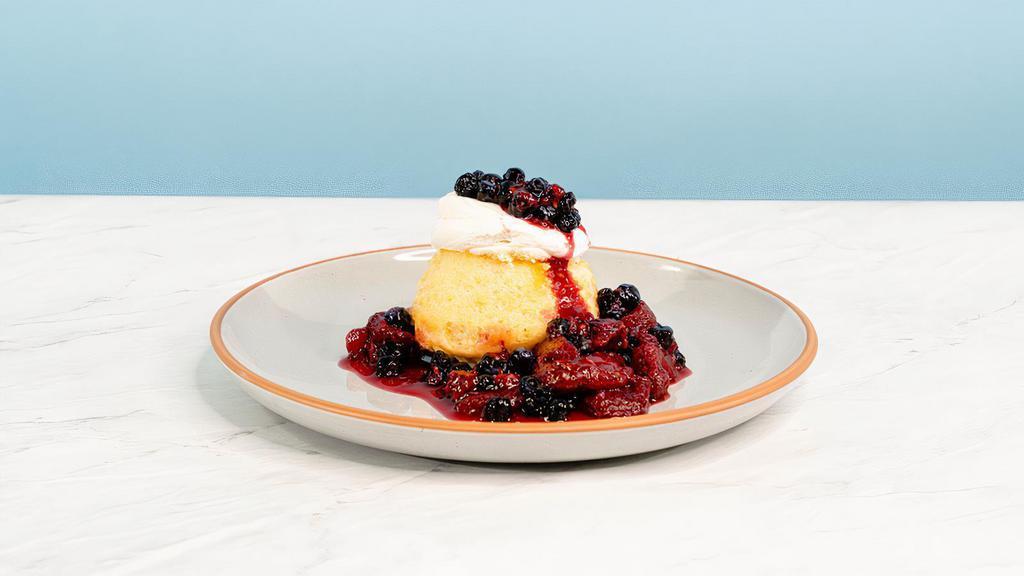 Berry Vanilla Chiffon Cake · Filled with a fior di latte (think adult twinkie filling), this vanilla sponge cake calls for a deep spoon. A berry compote and dollop of mascarpone cream completes this rich dessert | Allergen: Gluten, Milk, Egg