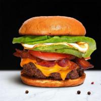 Good Morning Burger · American beef patty cooked medium rare and topped with bacon, fried egg, avocado, melted che...