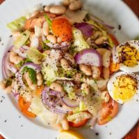 White Beans Salad · White kidney beans, tossed with tomatoes, red onions, eggs, lettuce, summac, olive oil, lemo...