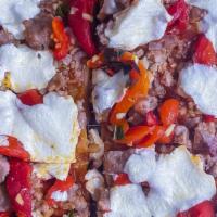 Sausage Peppers² · Sweet Italian sausage , red peppers and Homemade fresh mozzarella on a base of tomato sauce.