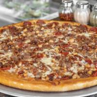 Supreme Meat Pizza · Pepperoni, Italian sausage, meatball, and chicken with tomato sauce and mozzarella cheese.