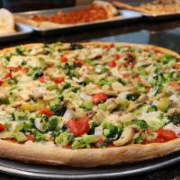 Supreme Veggie Pizza · Red and green peppers, mushrooms, broccoli, olives, tomatoes, and onions with tomato sauce a...