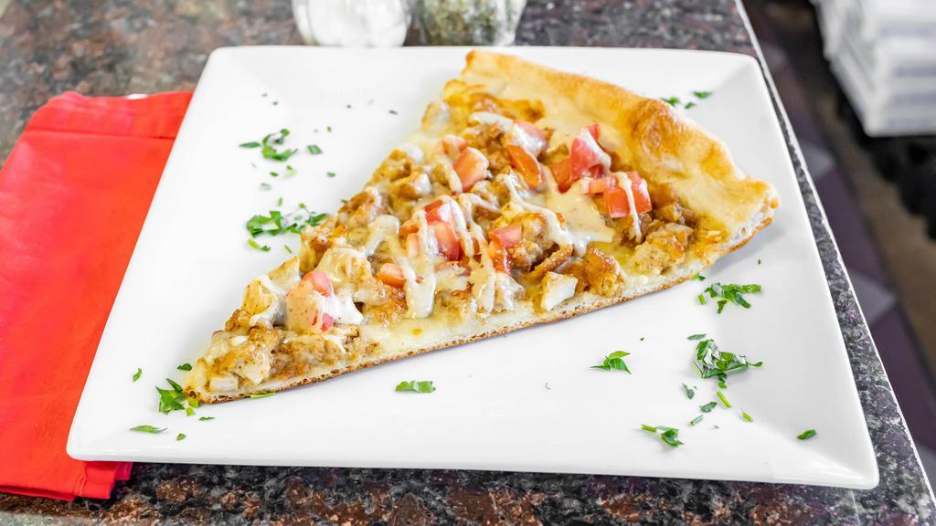 Chicken Bacon Honey Mustard Pizza · Chicken, bacon, diced tomato, mozzarella cheese, and a honey mustard sauce.