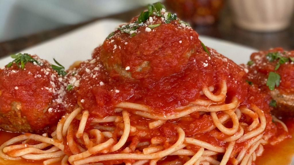 Pasta With Meatballs · Your choice of pasta in tomato sauce with meatballs.