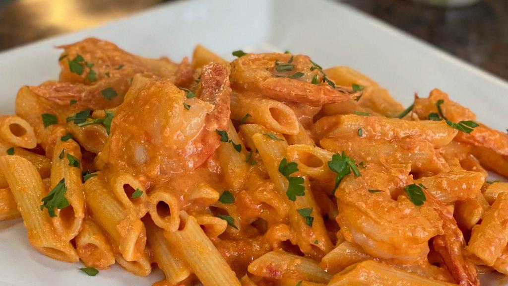 Pasta With Vodka Sauce And Shrimp · Your choice of pasta in creamy vodka red sauce with jumbo shrimp.